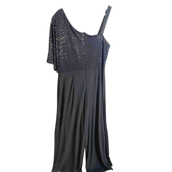 R & M Richard’s Black Wrap Glitter Jumpsuit 12 Formal One-Shoulder Asymmetrical - Picture 7 of 11